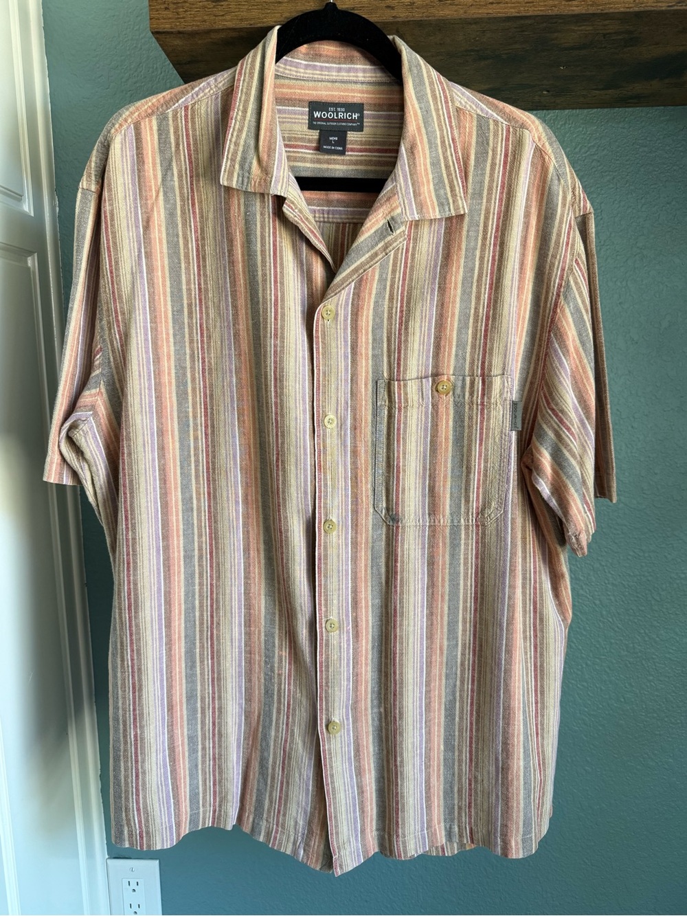 Woolrich Striped Button Down Shirt Lightweight Summer Shirt Neutral Coastal Lg